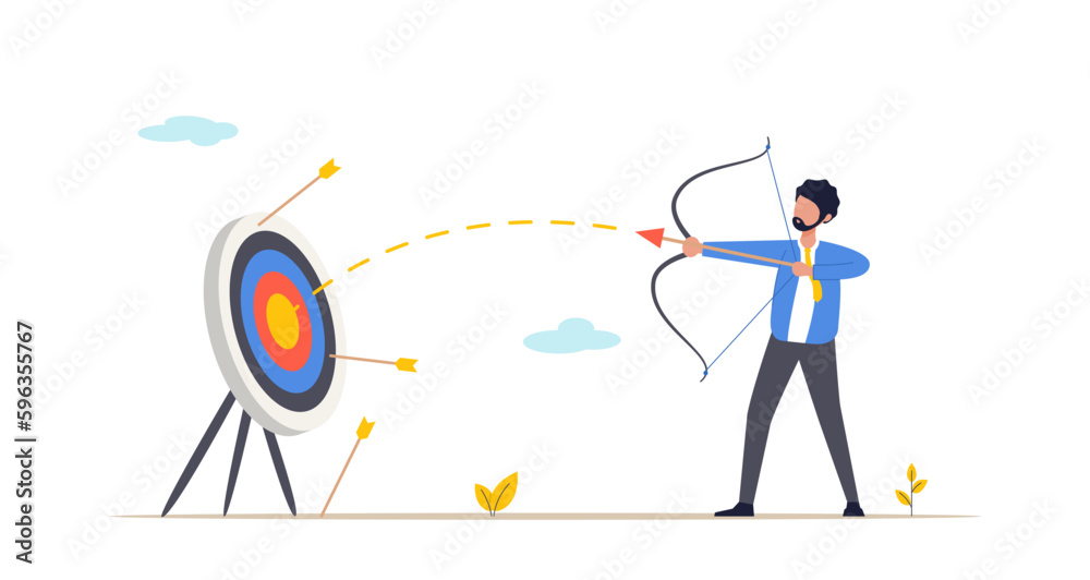 Efficiency or perfection concept. Success in reaching the goal or objective, victory or winner, accuracy and achievement in hitting the bull eye. Isolated flat vector illustration.
