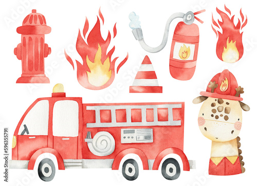 Fotografia Set of watercolor cliparts fireman giraffe, fire truck, fire, hydrant, extinguisher