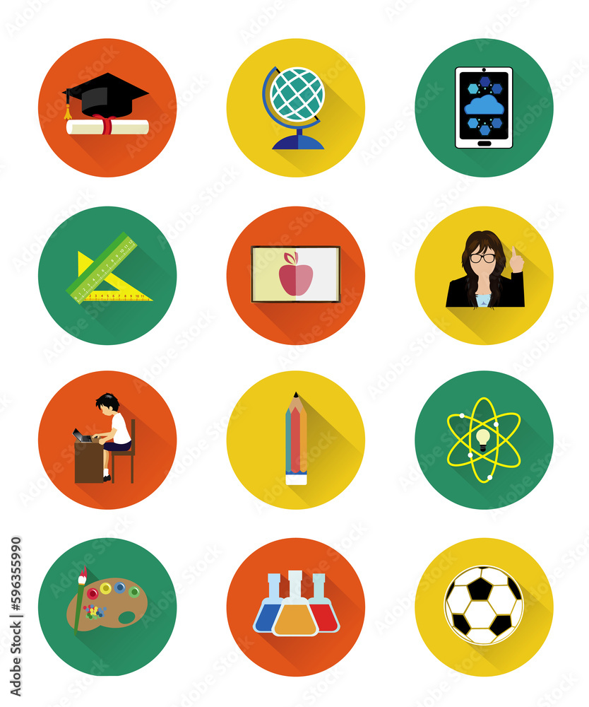 Twelve flat education icons set with long shadow effect