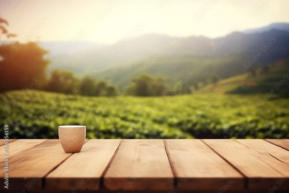 Fototapeta premium Blank Wooden Board Mockup with Green Tea Plantation Background, Perfect for Product Display and Decoration