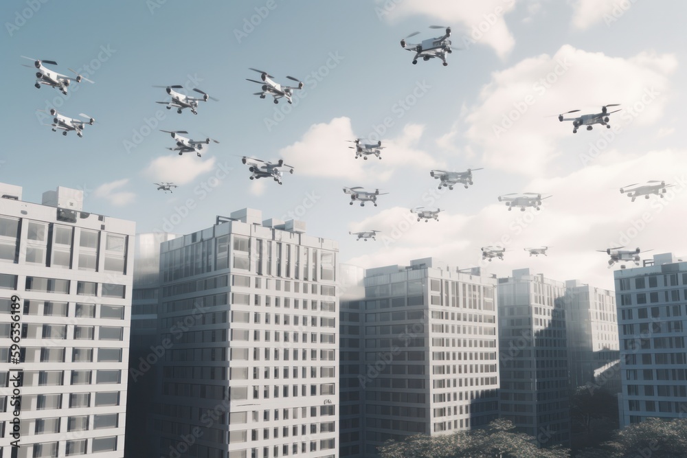 都市のビルの上空を遠隔操作で飛行する無数のドローン群 都市のビルの上空を遠隔操作で飛行する無数のドローン群