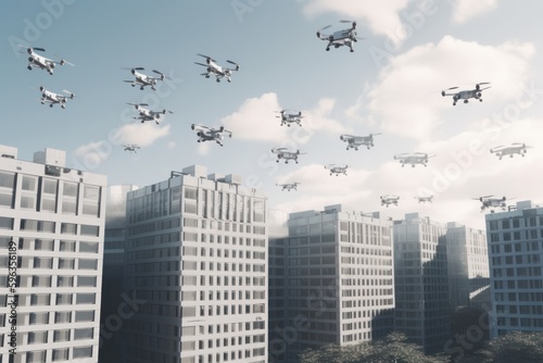 都市のビルの上空を遠隔操作で飛行する無数のドローン群