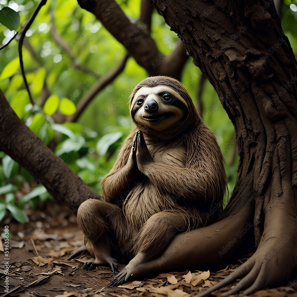 Naklejka premium Cute sloth doing yoga under a big tree created with Generative AI 