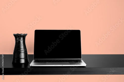 Laptop Desktop Background Mockup with Orange Wall