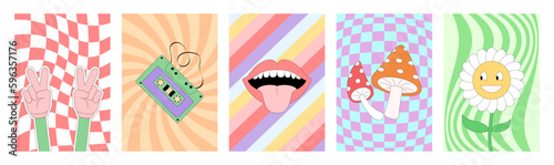 Set of banners in the hippie style of the 70s. Funny hands, audio tape, smile, tongue, mushrooms, cartoon flower. Illustration in retro psychedelic style.