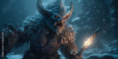 Brutal looking orc warrior. Goblin warlord in a snowy landscape. generative ai. Troll warrior in the winter mountains