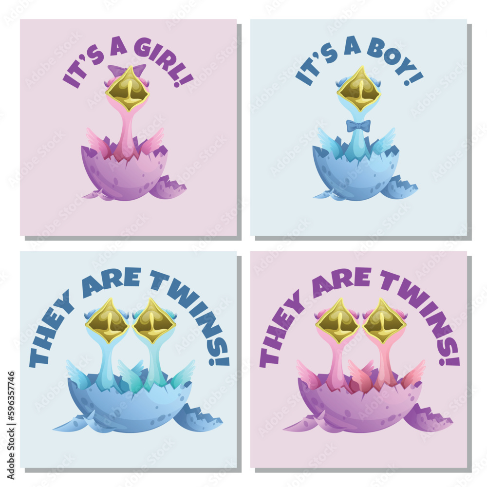 A set of postcards with chickens hatched from an egg to announce the