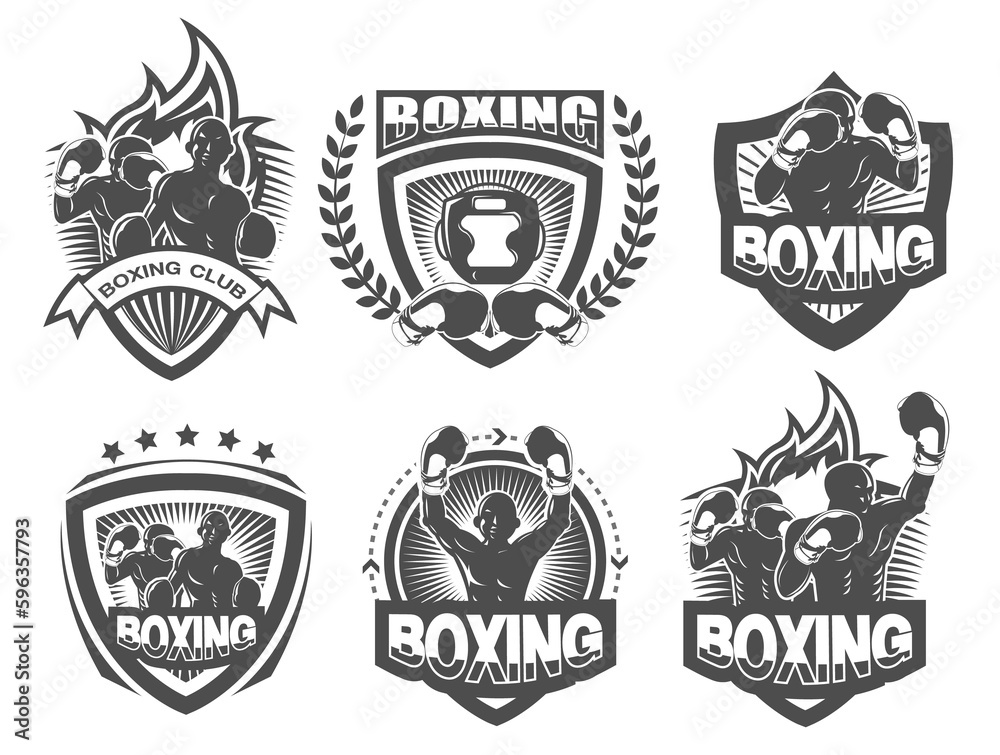 Collection of black and white boxing logo set