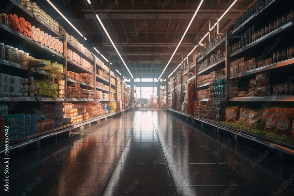 3D rendered supermarket aisle with gondolas. Generative AI