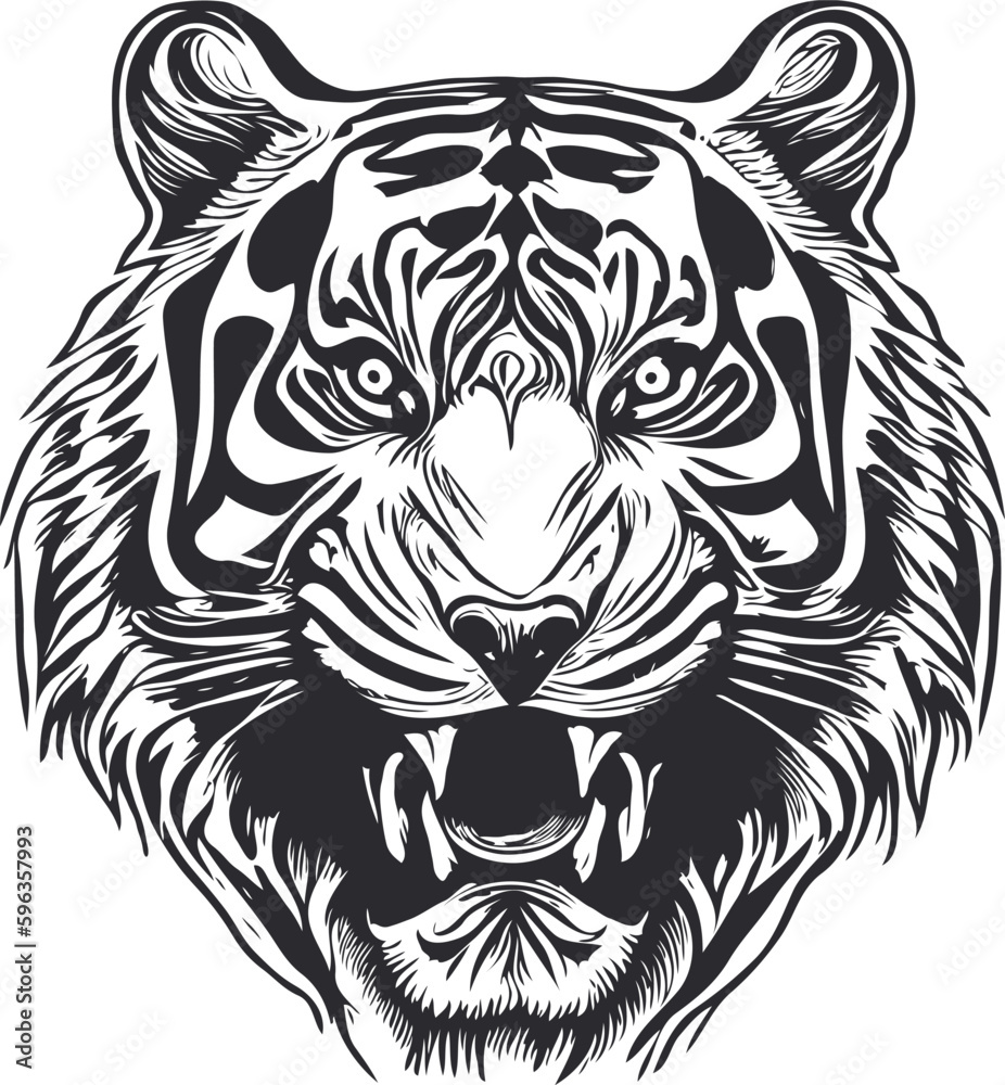 Black and white hand-drawn roaring tiger head illustration. Black and white hand-drawn roaring tiger head illustration.