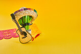Cinco de Mayo holiday background. Cactus, hat and guitar on yellow background.