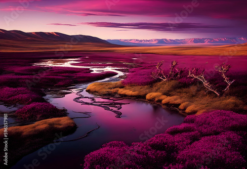 Purple tundra with river and wildlife, wilderness, unreal