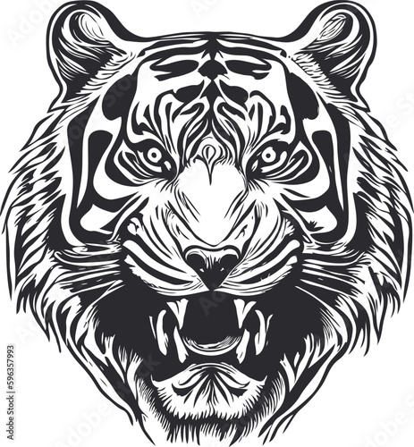 Black and white hand-drawn roaring tiger head illustration.