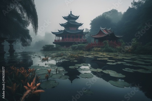 Water lilies, pagoda, building, fog, lake, serene, tranquil, misty, oriental, picturesque. Generative AI