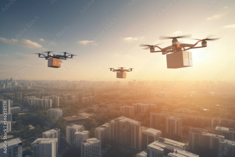 Luggage drones flying in the sky carrying goods. Aerial Drone Delivering Packages. 