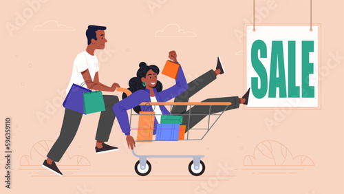 Mega sale concept. Man and woman in shopping cart with colorful bags. Special offer, discounts and promotions. Advertising poster or banner for website, marketing. Cartoon flat vector illustration