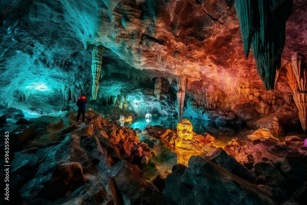 Photo in shining colorful crystal cave. AI generative