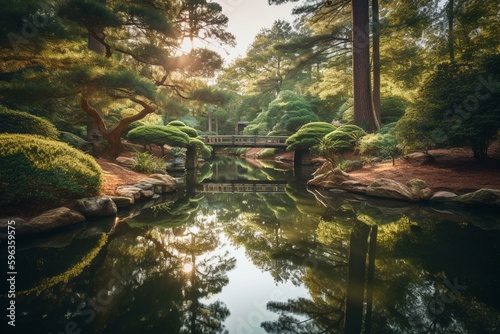 Experiencing serenity at Georgia's Gibb Gardens Japanese garden. Tranquil pond reflects surroundings. Generative AI