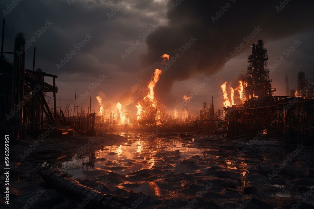 A catastrophic scene of climate change with an oil refinery in flames. Generative AI
