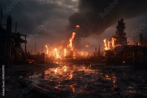 A catastrophic scene of climate change with an oil refinery in flames. Generative AI © Ismael