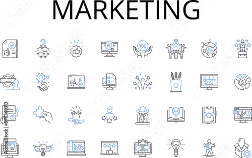 Marketing line icons collection. Advertising, Promotions, Publicity, Salesmanship, Branding, Communication, Distribution vector and linear illustration. Generative AI