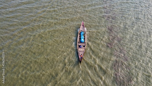 Arial drone view of wooden fishing boats in chilika lake HD