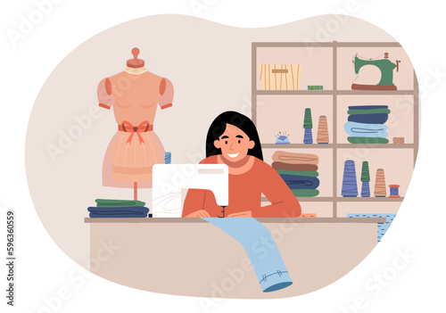 Seamstress at workplace. Woman sews clothes for atelier or boutique. Handmade jeans and pants. Modern hobby and leisure. Character in studio. Cartoon flat vector illustration