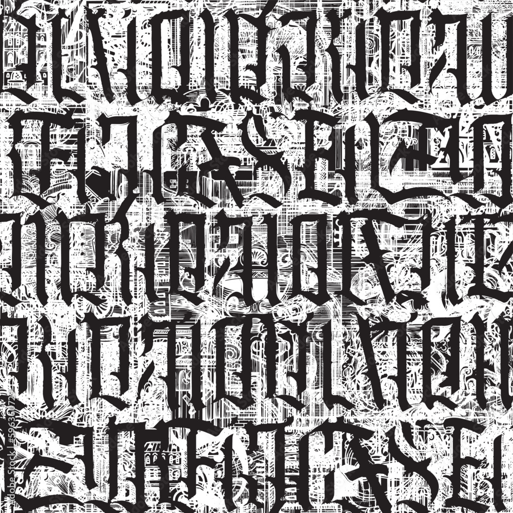 Seamless pattern of ornate Gothic letters. Monochrome repeating background with ancient Latin letters scratched, dirty backdrop. Vector texture, Wallpaper, wrapping paper or fabric in vintage style Seamless pattern of ornate Gothic letters. Monochrome repeating background with ancient Latin letters scratched, dirty backdrop. Vector texture, Wallpaper, wrapping paper or fabric in vintage style