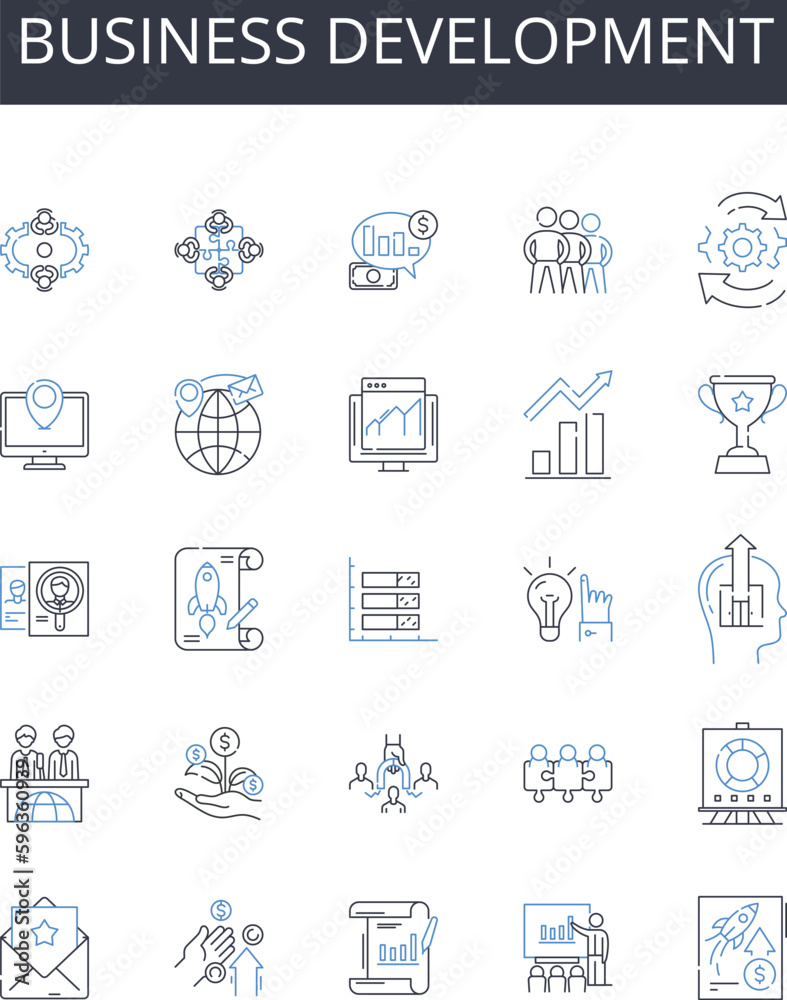 Business development line icons collection. Marketing strategy, Product management, Human resources, Sales technique, Financial management, Customer service, Brand awareness vector and Generative AI