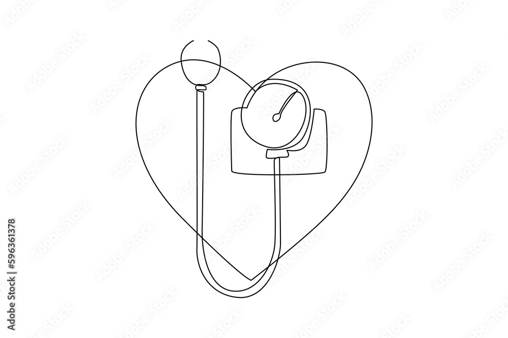 Continuous one line drawing sphygmomanometer. World hypertension day concept. Single line draw