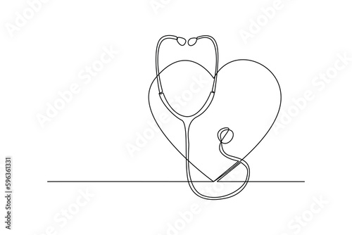 Continuous one line drawing stethoscope and heart. World hypertension day concept. Single line draw design vector graphic illustration.