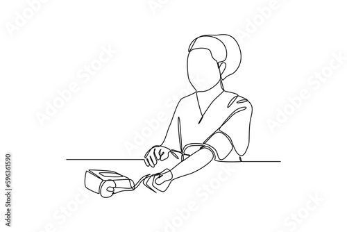 Continuous one line drawing woman check hypertension. World hypertension day concept. Single line draw design vector graphic illustration.