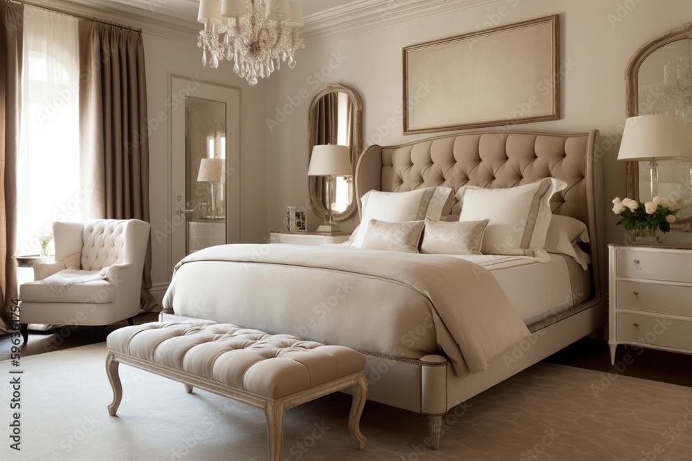 Fancy beige bedroom with dark details 