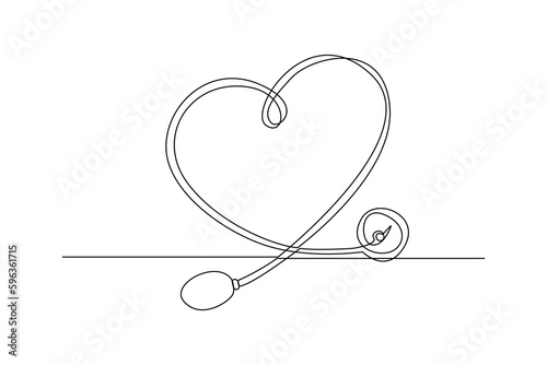Continuous one line drawing stethoscope and heart. World hypertension day concept. Single line draw design vector graphic illustration. © Rita