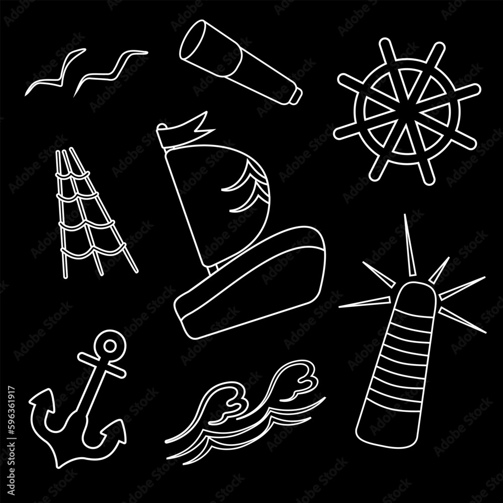 Set of nautical elements ship, lighthouse, rudder, anchor. Black and ...