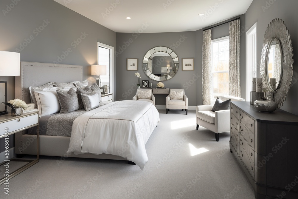 Gray master bedroom interior with makeup table Gray master bedroom interior with makeup table