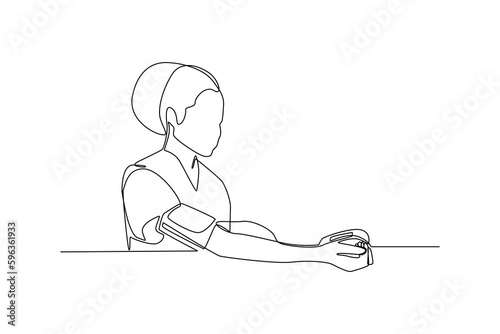 Continuous one line drawing woman check hypertension. World hypertension day concept. Single line draw design vector graphic illustration.