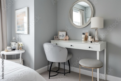 Gray master bedroom interior with makeup table © midart