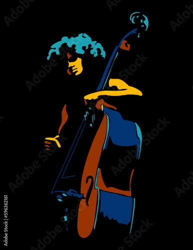 Female musician playing cello. Line art, vector illustration on black background.