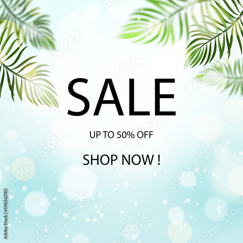 Summer sale design. sale text with up to 50% off special offer promo discount.Palm Leaves.Flyer, Website, Landing Page © 151115