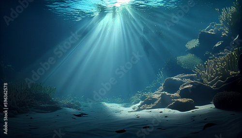 Obraz na plátně Underwater background deep blue sea and beautiful sun ray under sea