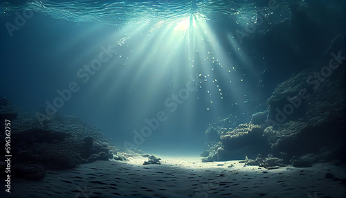 Underwater background deep blue sea and beautiful sun ray under sea. Ai generated image