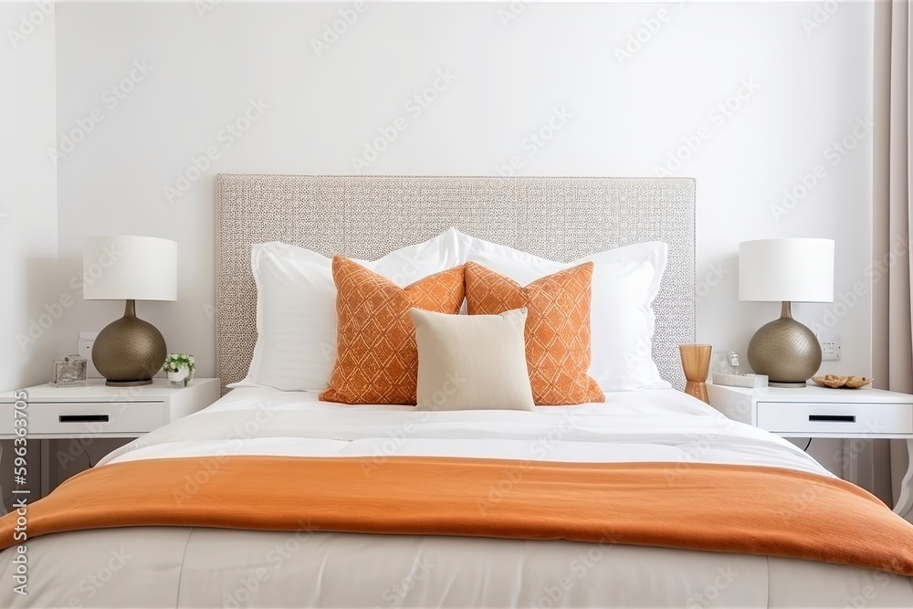 White king size bed with orange pillows 
