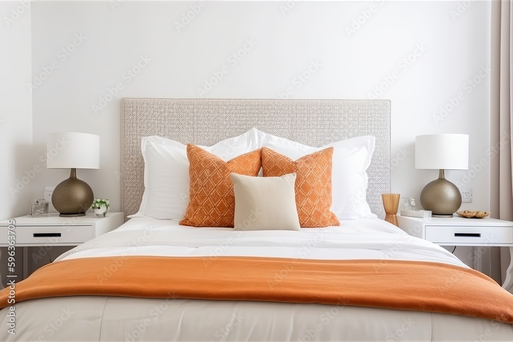 White king size bed with orange pillows White king size bed with orange pillows