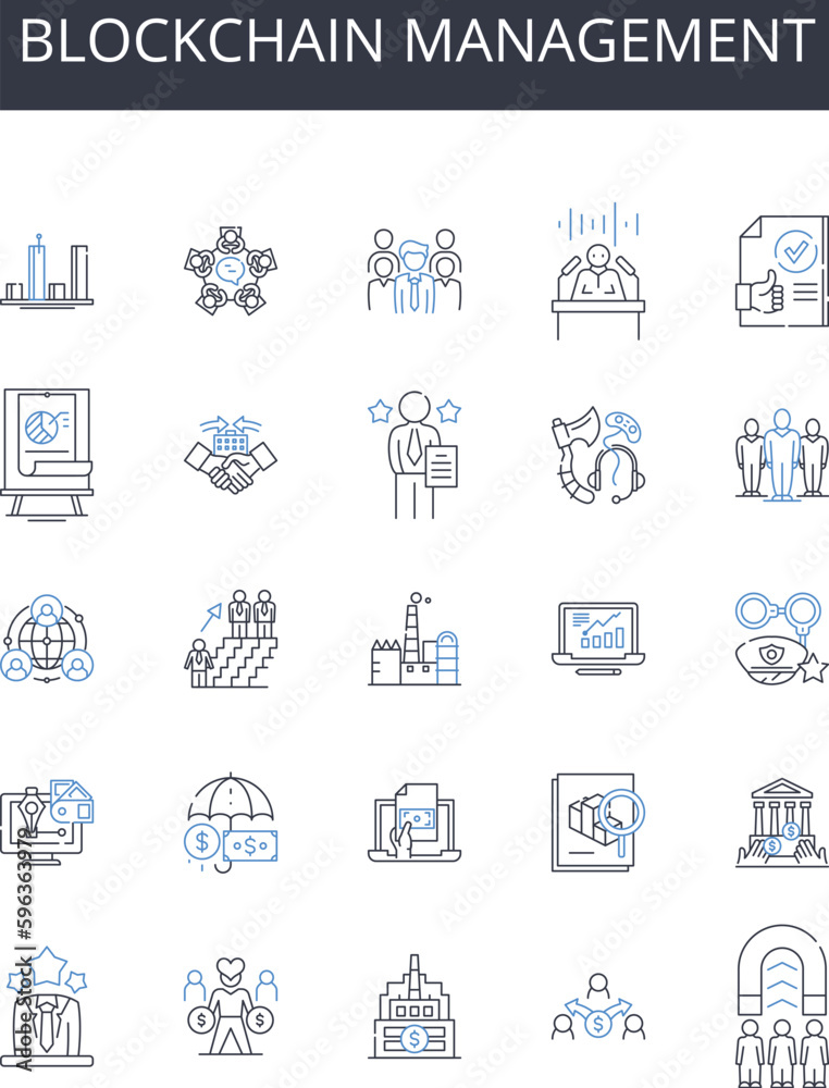 Blockchain management line icons collection. Cryptocurrency investment, Cybersecurity protection, Data analytics, Finance management, Software development, Machine learning, Artificial Generative AI Blockchain management line icons collection. Cryptocurrency investment, Cybersecurity protection, Data analytics, Finance management, Software development, Machine learning, Artificial Generative AI