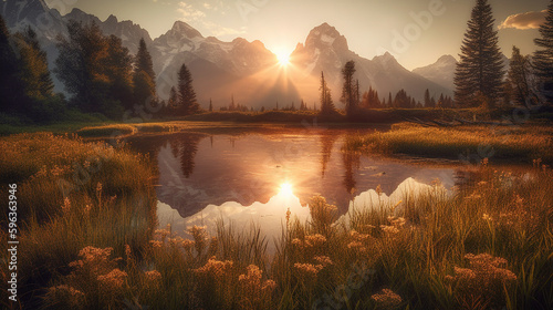 Tranquil Mountain, Lake and Forest Landscape Scenic - Generative AI. © Andy Dean