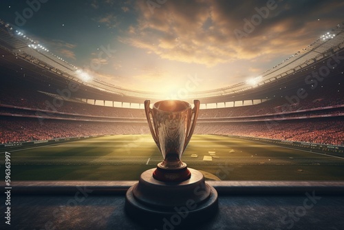 3D soccer stadium with trophy goblet, winner in competition, background for sports. Football field with dramatic view. Generative AI