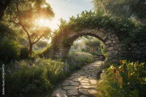 A tall stone arch stands in a blossoming garden. Sunlight filters through the foliage of the bushes under a blue sky. 3D rendering. Generative AI