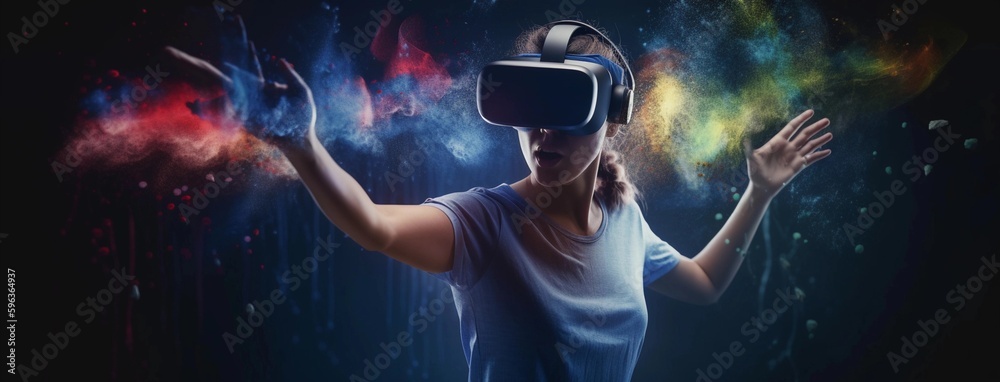 Naklejka premium Young beautiful woman with virtual reality goggles,created with Generative AI technology.