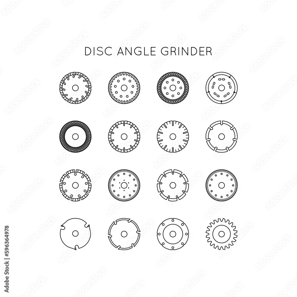 Diamond discs icons set. Discs for angle grinders. Cutting, metal, wood, concrete, granite, ceramics, asphalt, laminate. Diamond discs icons set. Discs for angle grinders. Cutting, metal, wood, concrete, granite, ceramics, asphalt, laminate.
